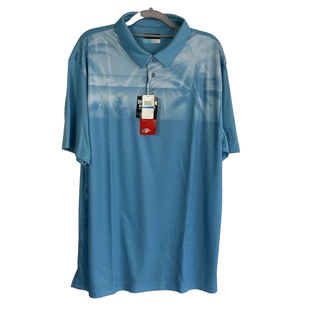 PGA Tour Mens Pro Series Stretch Golf Polo Shirt Blue Palm Tree UPF 50 XL